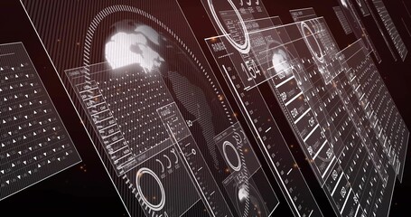 Displaying angled panels receding in diagonal HUD array, with globe, data columns and gauges