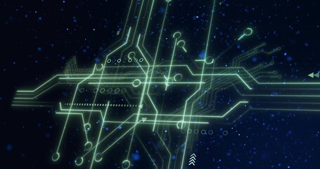 Glowing neon-green circuit occupying center of navy starfield, with traces, nodes, vias, blue bokeh