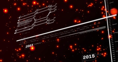 Showing floating UI in virtual space featuring timeline bar, code strips, flowchart, 2003 or 2015
