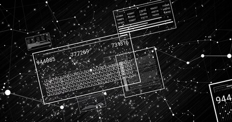 Displaying central data panel floating in digital space, showing keyboard grid, numeric IDs, nodes