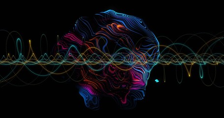 Floating neon contour head crossing bright waveform in black void, with glowing nodes and gradients