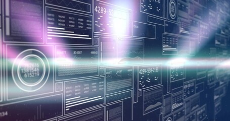 Displaying array of translucent dashboards extending into control room, with charts and lens flare