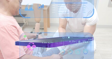 Fitting clinician in white placing sleeve on patient in pink shirt at rehab with prosthetic HUD