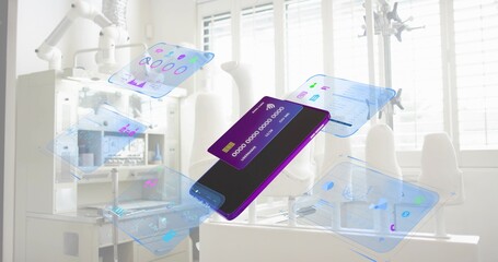 Floating smartphone-like device projecting purple-black UI in dental operatory over instrument tray