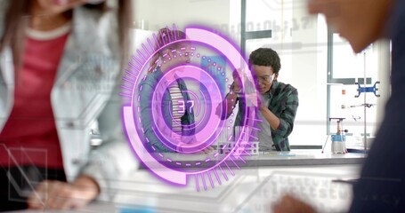 Working man in green-plaid shirt with safety-glasses adjusting tubing on lab bench, purple AR HUD