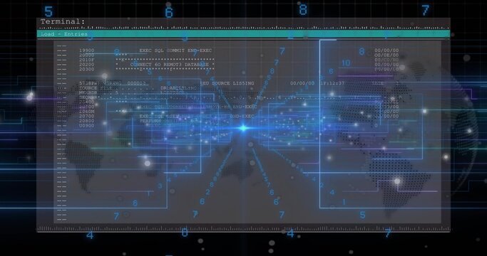 Displaying translucent terminal window showing CLI text across network dashboard, with bright node