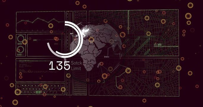 Showing dotted globe labeled India with circular ring showing 135 Sotck Limit on maroon UI, maps - Powered by Adobe