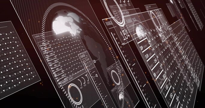 Displaying angled panels receding in diagonal HUD array, with globe, data columns and gauges