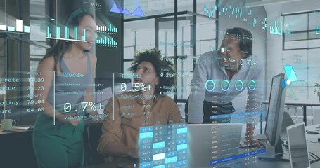 Pointing and reviewing AR overlays over laptop and monitor in open office, team in business clothes