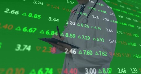 Taking notes, MD holding clipboard, pen in green overlay, wearing white coat, stethoscope, tickers