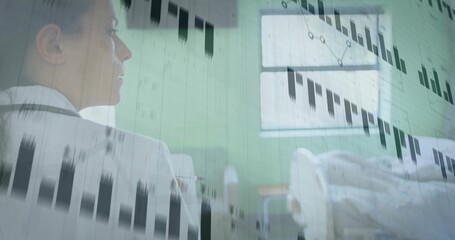 Checking doctor reviewing bed in ward, wearing white lab coat and stethoscope, overlay, copy space