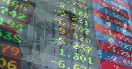 Talking doctor in white lab coat consulting clients in glass lobby, showing stethoscope and ticker
