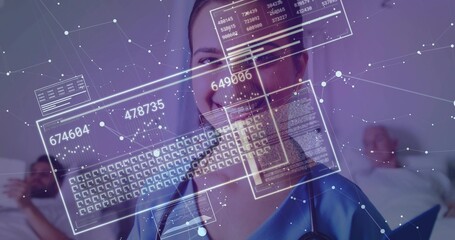 Smiling Indian clinician wearing blue scrubs and stethoscope viewing AR data panels over ward beds