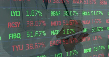 Holding woman in suit jacket and dark tie tapping tablet with stylus, office stock ticker overlay