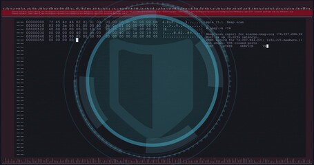 Displaying large stylized shield centered on dark security screen, with hex dump and Nmap output