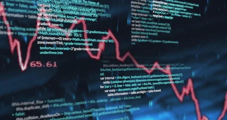 Fotobehang Vlees Pulsing red line graph sweeping over transparent source code dashboard, showing readout 65  © vectorfusionart