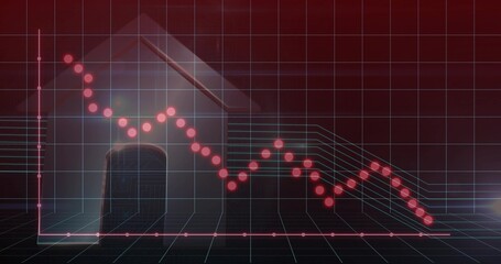 Tracing red dotted descending trend line moving across virtual 3D grid room, with wireframe house
