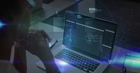 Displaying laptop running code on home desk workspace, woman in casual top with pen eyeglasses HUD