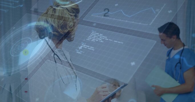 Writing female doctor taking notes at bedside holding clipboard white coat HUD overlay, copy space
