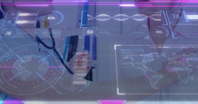 Standing women doctors wearing lab coats, ID badge, holding stethoscope and phone, showing AR DNA