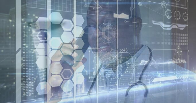 Interacting doctor touching hexagonal HUD tiles in medical lab, in white lab coat with stethoscope - Powered by Adobe