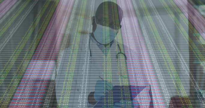 Writing doctor on tablet in ward, wearing white coat, mask, stethoscope, blue gloves, data overlay - Powered by Adobe