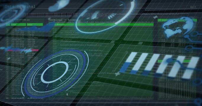 Displaying holographic interface filling virtual grid, showing green terminals, globe, data columns - Powered by Adobe