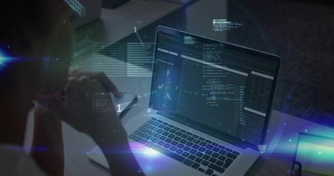 Displaying laptop running code on home desk workspace, woman in casual top with pen eyeglasses HUD