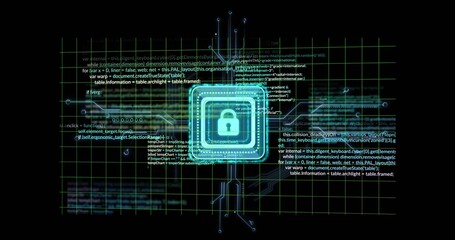 Glowing neon cyan padlock icon hovering within chip frames at virtual console, with grid traces