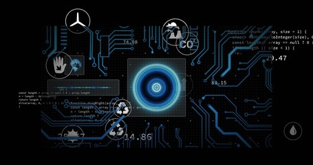 Displaying central glowing circular sensor target on dark grid with circuit traces, readouts, icons