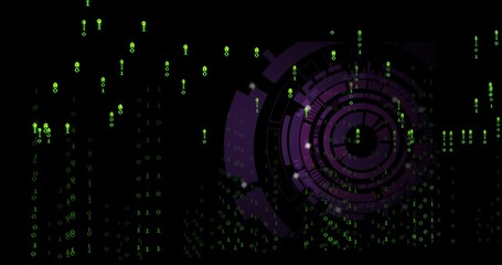 Rotating purple HUD showing rings and nodes in dark virtual space with green binary digits