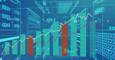 Showing 3D teal-orange stacked bars rising in virtual corridor with trend lines ¥ readouts racks