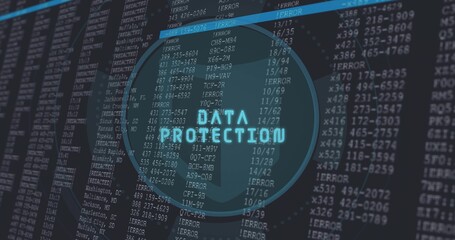 Showing shield saying DATA PROTECTION on monitor showing code logs, ERRORs, cyan bar, rings