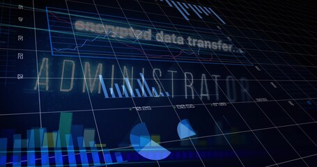 Projecting holographic ADMINISTRATOR dashboard over 3D grid plane, showing neon bar and line charts