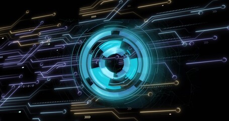 Obraz premium Rotating cyan holographic interface occupying central virtual void, showing neon circuit traces