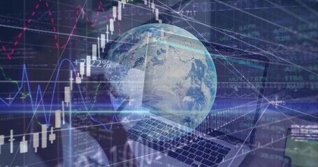 Hovering faint Earth globe overlapping laptop keys in digital market view, showing financial charts