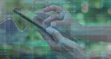 Swiping mature woman's forearms holding phone outdoors, wearing light sleeves, showing finance HUD