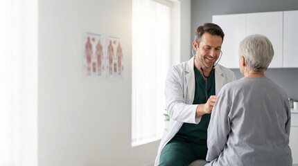 Smiling medical professional examining elderly female patient with stethoscope