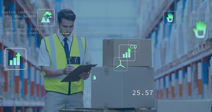 Scanning AR, warehouse worker in hi-vis vest and tie checking boxes, clipboard and pen, copy space