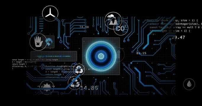 Displaying central glowing circular sensor target on dark grid with circuit traces, readouts, icons - Powered by Adobe