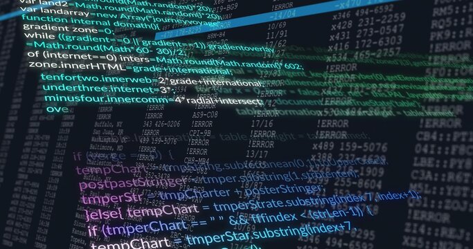 Glowing cluster of teal purple white code filling monitor, showing ERROR logs and data tables - Powered by Adobe