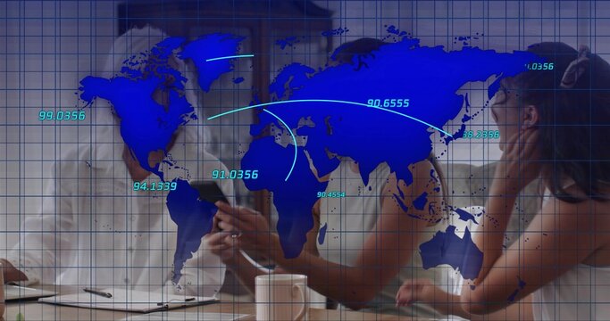 Reviewing data in meeting room, four women in business attire pointing at tablet, world map overlay