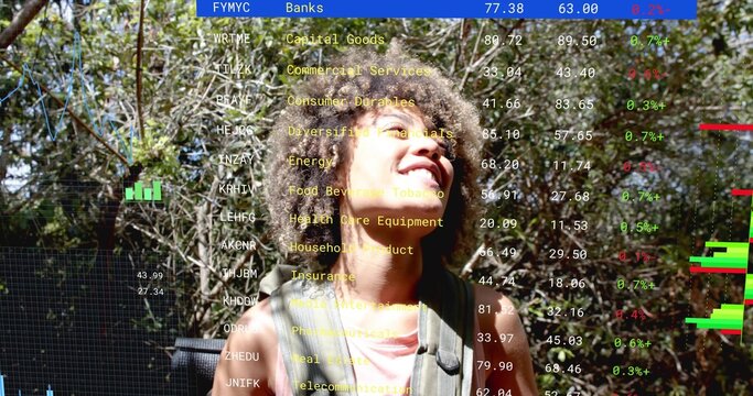 Standing woman wearing tank top and backpack straps in sunlit woods, stock tickers overlaying