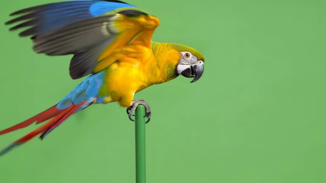 Macaw parrot perched on green pole then stretching its wings in preparation for flight against a green screen for chromakey.