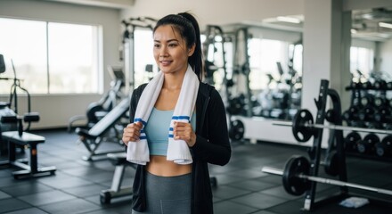 Fototapeta premium Fit young woman takes a brief pause while exercising indoors at a well-equipped fitness center