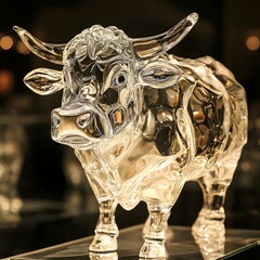 Clear crystal bull sculpture with intricate details Image