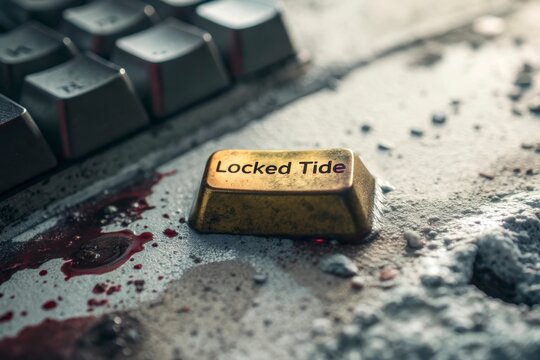A gold brass keycap with Locked Tide text in close up