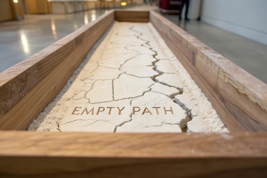 Wooden tray with cracked clay displaying an empty path concept