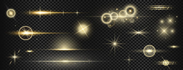 Golden Light Effects Set &ndash; Sparkles, Lens Flares and Glowing Bursts on Transparent Background for Holiday and Design Projects