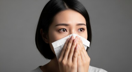 Young woman uses white facial tissue to cover her nose against an illness or allergy